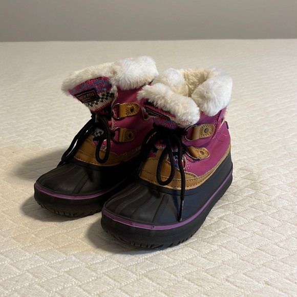 London Fog winter boots, sweater knit uppers, faux fur, pink/brown kids 10 - Picture 2 of 10